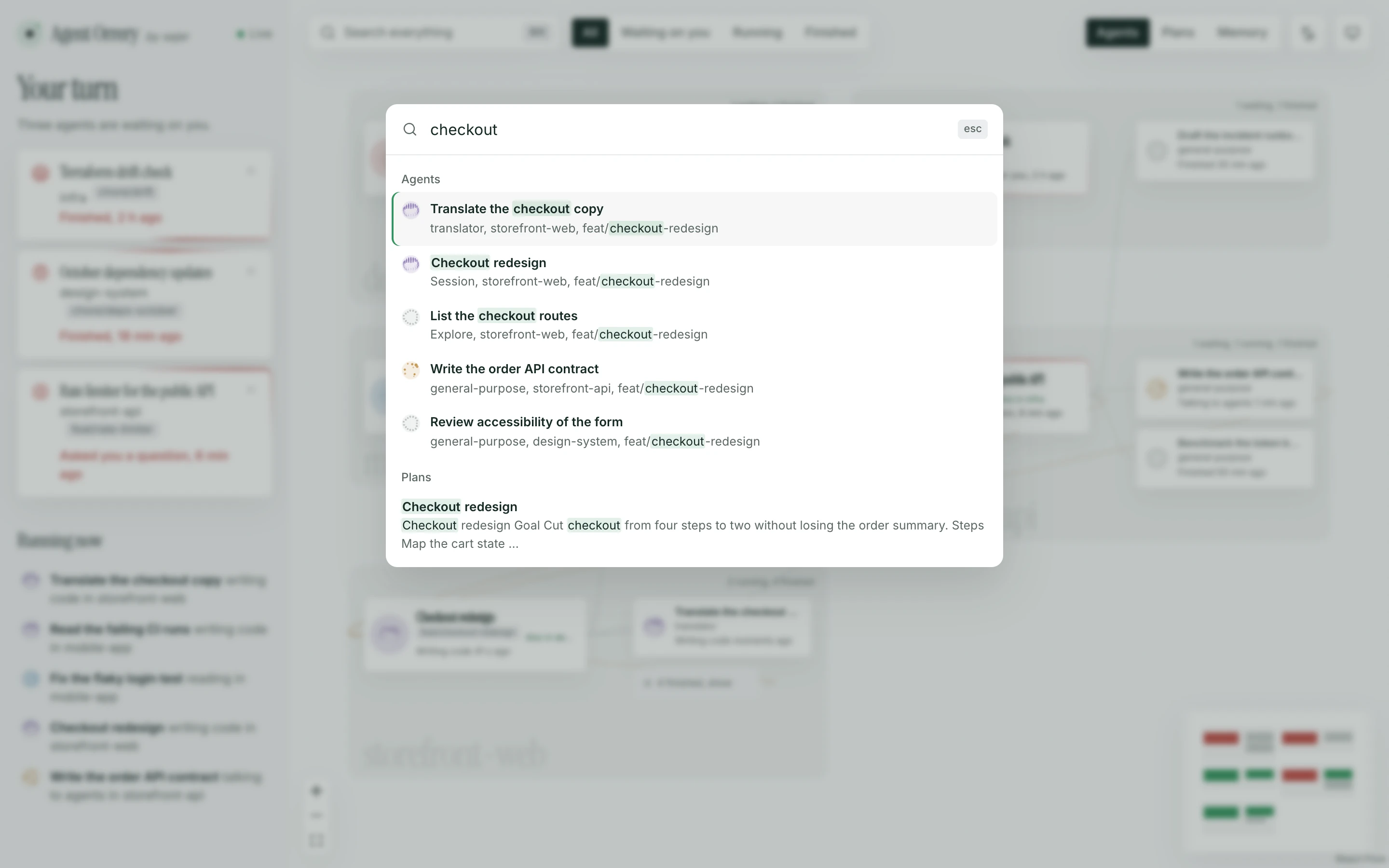 The search window open over the dashboard, listing agents, plans and memory notes that match checkout, with the matches highlighted.